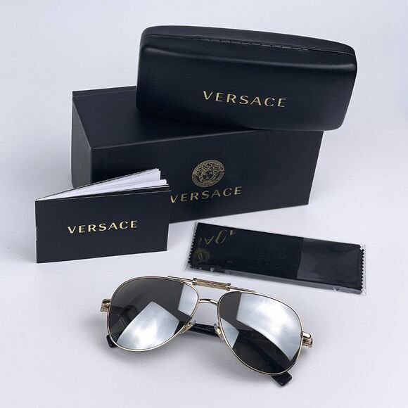 NEW Versace VE2236 1002Z3 Gold Silver Mirrored Polarized Pilot Unisex Sunglasses - Picture 11 of 15